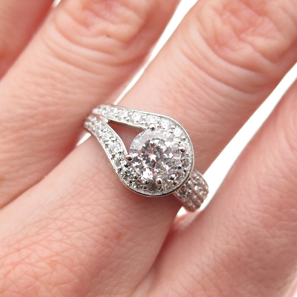 925 Sterling Silver Round-Cut C Z Hook & Eye Ring Size 6.25